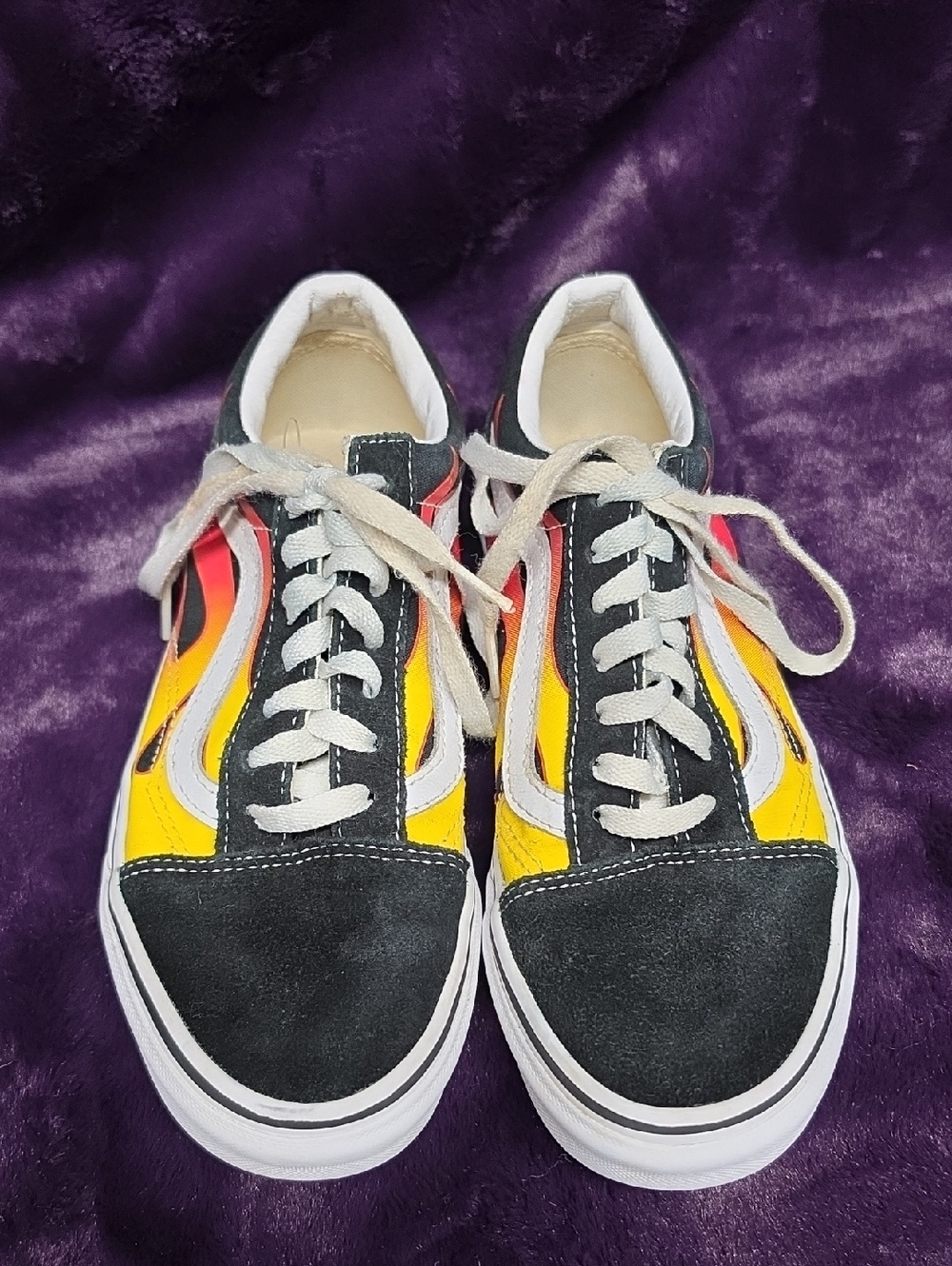 Vans Black Sneakers with Yellow and Red Flame Panels